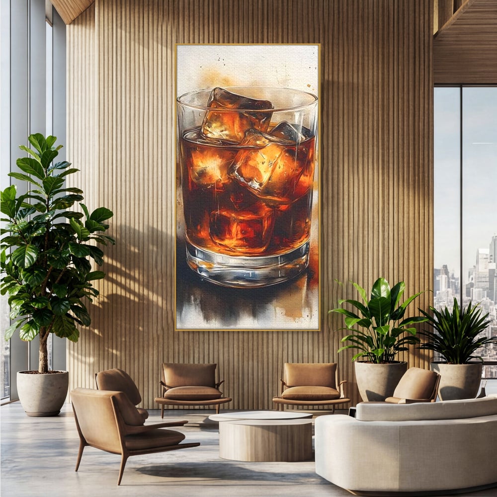 Tablou canvas cu tablou pictura pahar whisky cu gheata, in rama de aluminiu auriu, pe perete intr-un birou